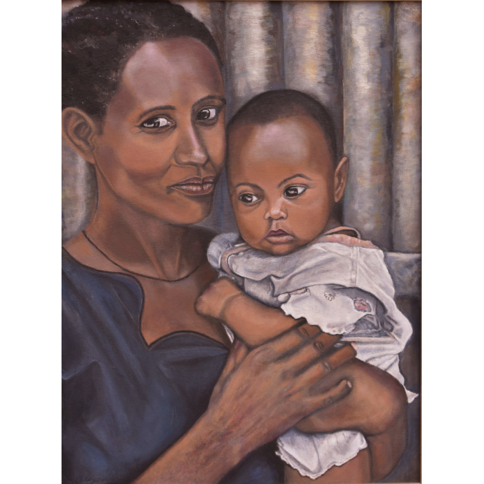 an-oil-painting-of-african-mother-in-a-blue-dress
