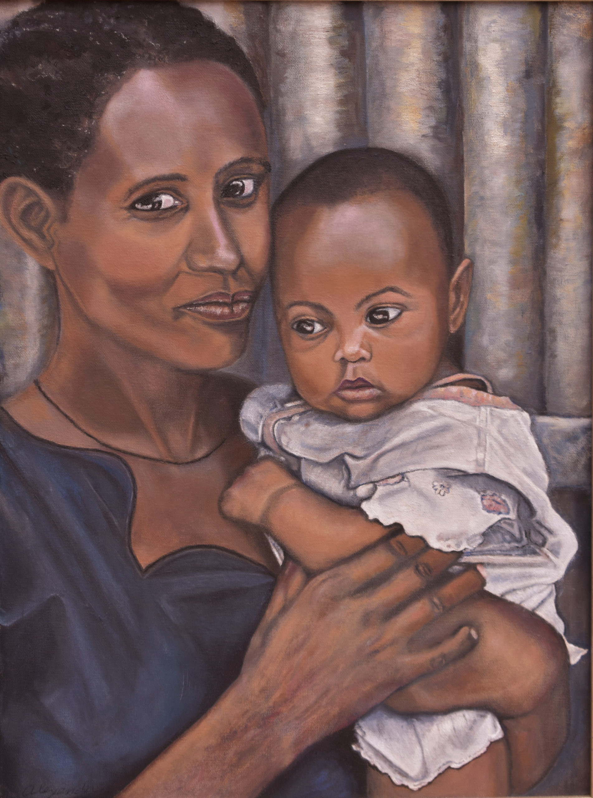 an-oil-painting-of-african-mother-in-a-blue-dress