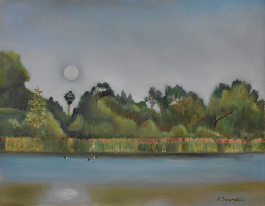 oil-painting-moon-rising-over-harbor-lake-before-sunset