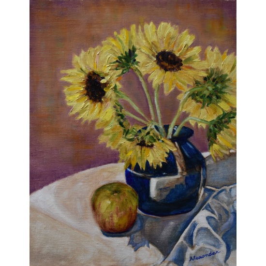 oil-painting-Lemon-Sunflowers-in-a-Cobalt-Vase