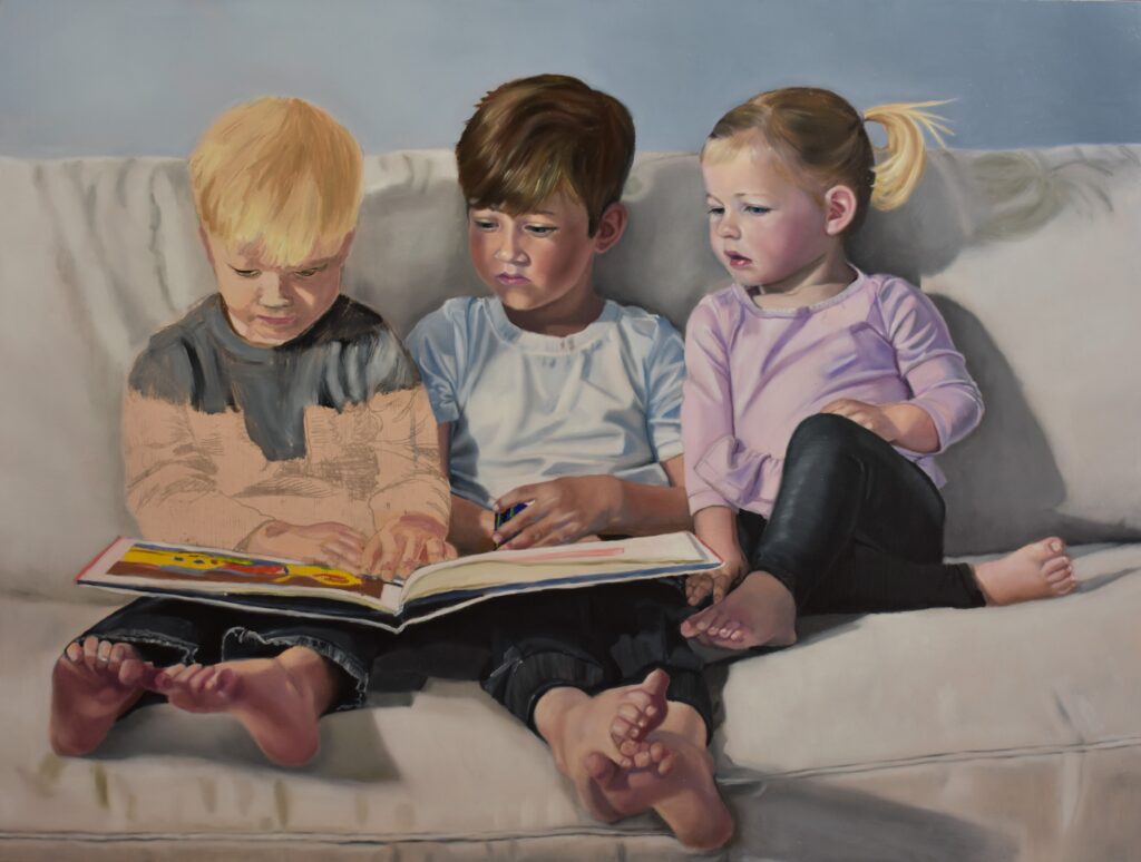 oil-painting-"Three Children and a Book"