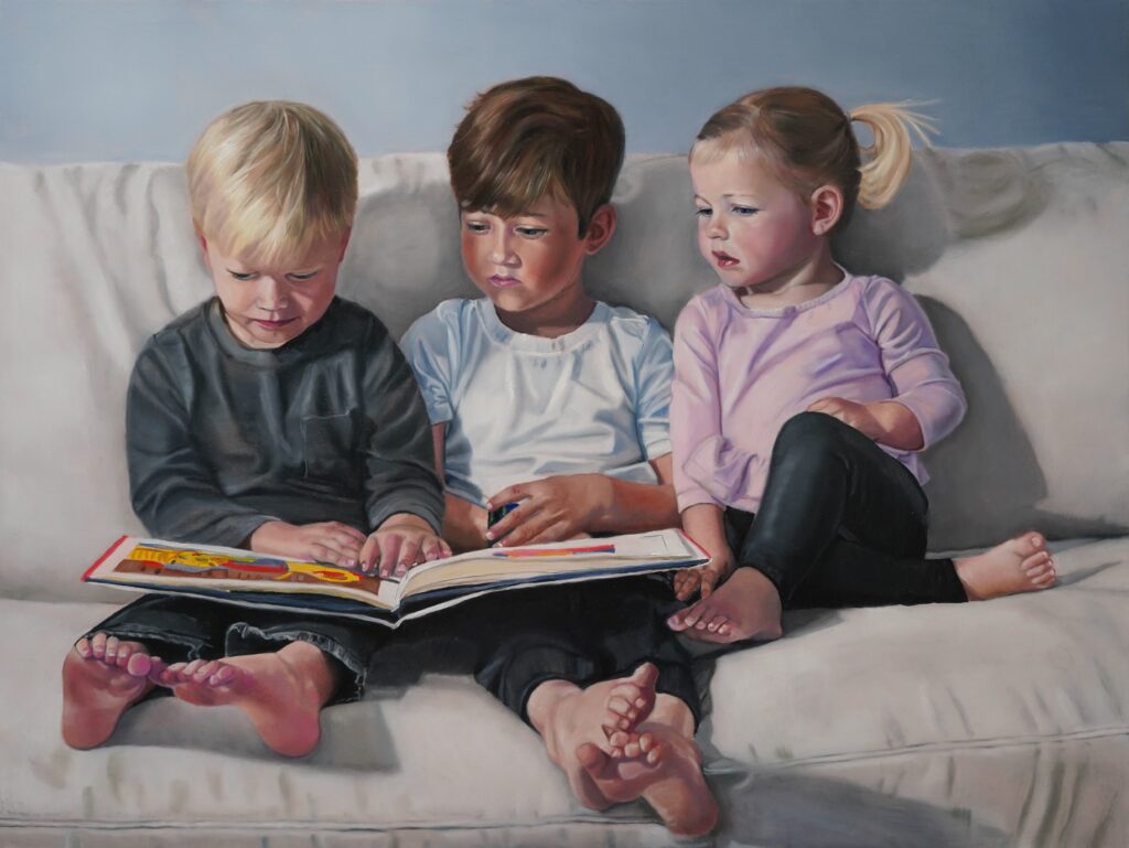 oil-painting-"Three Children and a Book"