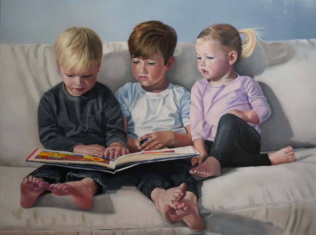 oil-painting-"Three Children Viewing a Book"